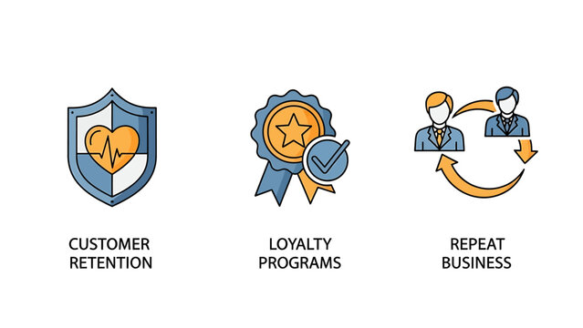 Colorful icons symbolizing customer retention, loyalty programs, and repeat business, representing business growth and client relationships.