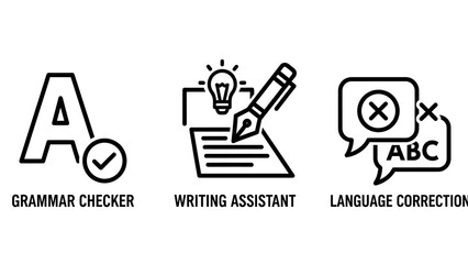 Fototapeta premium Black Outline Icons for Writing Assistance Software: Grammar Checker, Creative Writing Assistant, and Language Correction Tools