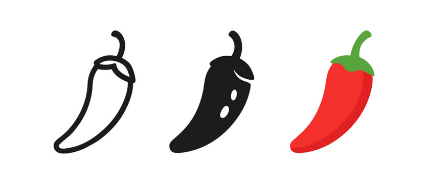 Minimalistic chili pepper icons in linear, solid, and color styles