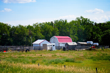 Old red barn in the Canadian Prairie of Alberta, Canada