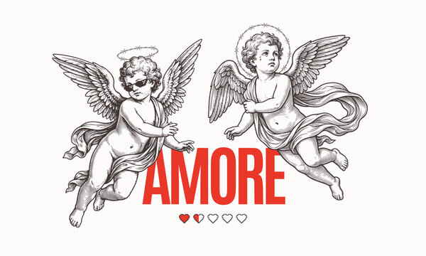 Two flying cherubs in vintage engraving style with AMORE text, modern tattoo aesthetic