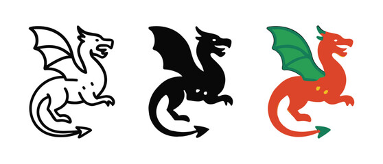 Stylized dragon trio: monochrome, silhouette, and vibrant designs
