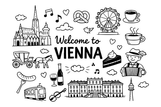 Vienna Austria Travel Landmarks and Culture Icons, Hand Drawn Doodle Style Vector