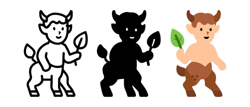 Playful faun trio with leaf: outline, silhouette, and flat cartoon styles