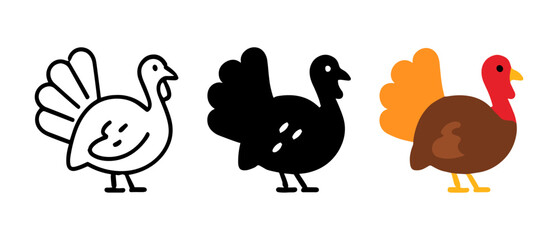 Naklejka premium Stylized turkeys: outline, silhouette, and colorful variations