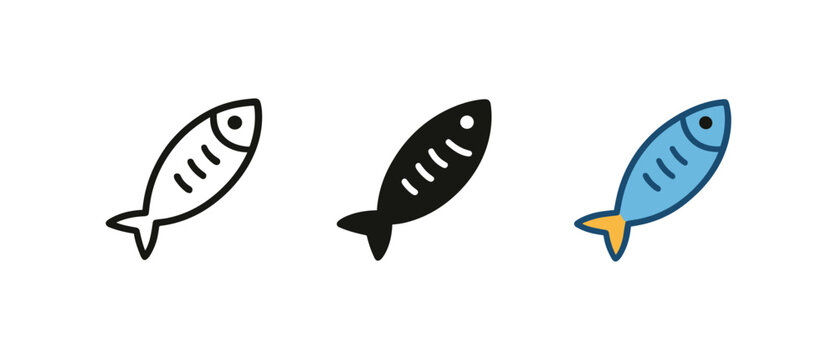 Simple fish icons set: color, black, and outline styles