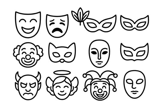Theater and masquerade mask collection in simple linear style