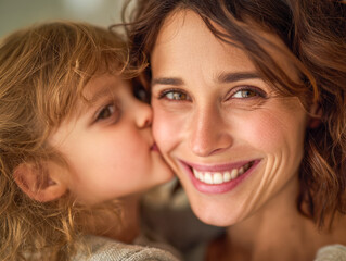Heartwarming moment of a joyful child giving a loving kiss to her smiling mother, capturing affection and happiness in a close family bond portrait