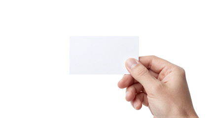 Obraz premium Hand holding a blank white business card against a clean, isolated transparent background for mockup use
