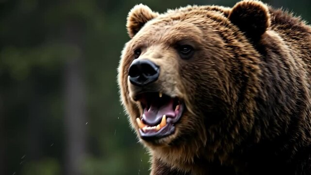 Close-up of an aggressive brown bear roaring in slow motion. Wild grizzly shaking its head with saliva flying in a forest. Dangerous predator concept