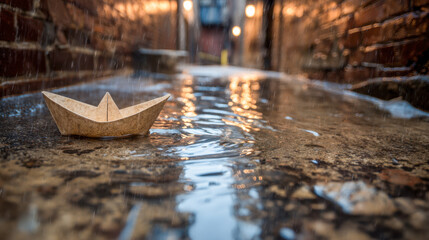 Obraz premium Paper boat floating on wet ground in rainy urban alley with blurred brick walls and warm lights reflecting on puddles at dusk