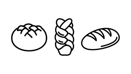 Outline Icons of Freshly Baked Bread Loaves, including Round, Braided, and Oval Shapes, for Bakery and Food Concepts