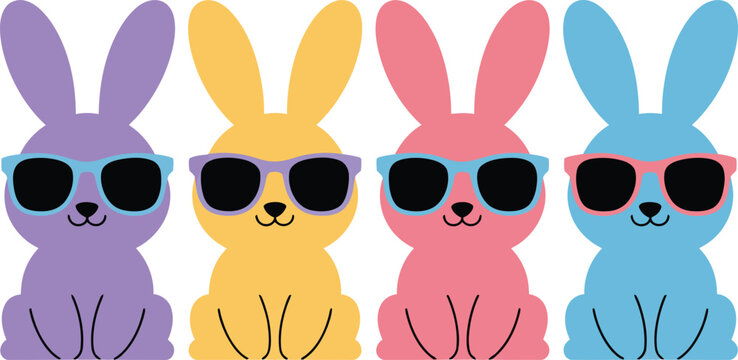 Colorful cartoon rabbits wearing sunglasses for easter