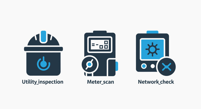 Modern Flat Vector Icons for Utility Inspection, Meter Scan, and Network Check, representing infrastructure maintenance, energy management, and system diagnostics.