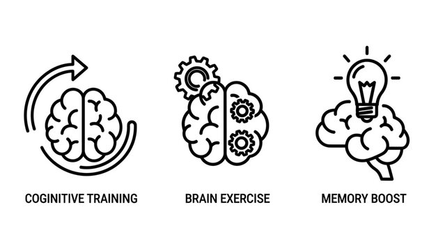 Cognitive Training, Brain Exercise, and Creative Idea Generation Icons, Mental Health and Education Vector Set