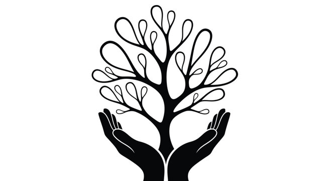 Hands cupping and protecting small tree with abstract leaves growing upwards