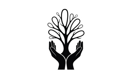Stylized tree in cupped hands symbolizing nature conservation and environmental protection