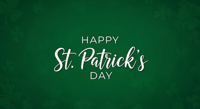 Elegant Happy St. Patrick's Day Greeting with Stylish White Script on Deep Green Background Featuring Clover Leaf Patterns for Festive Celebrations