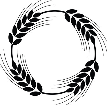 Black wheat laurel wreath icon, round decorative victory and achievement emblem design isolated on white background vector graphic.