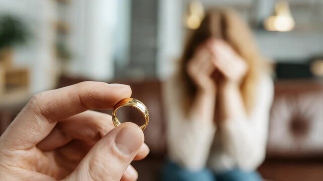 Wedding ring in the husband's hand. A young female sits on a sofa in a modern living room, crying and stressed, against a blurred background. Concept of family life difficulties, divorce, crisis