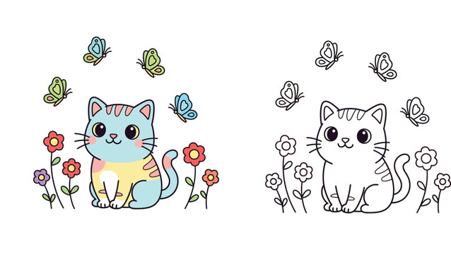 Cute kawaii cat sitting in garden with butterflies and flowers, set of colored vector illustration and black and white outline for coloring book page, happy kitten character for kids