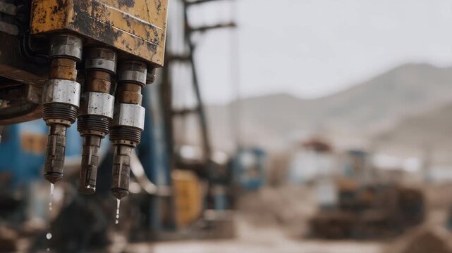 78Detailed close-up of oil pump servicing operation, focus on hydraulic pistons and valves, oil-stained metal surfaces, West Texas landscape softly blurred in background, gritty ener