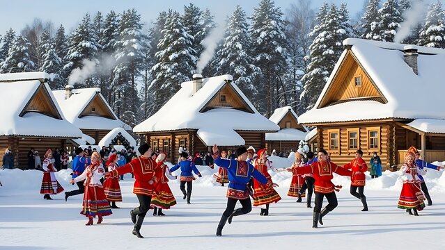 Russian folk dancers in colorful traditional costumes performing a lively dance in snowy village