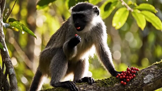 Grey monkey observing red berries on tree branch in jungle