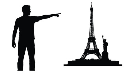 A black silhouette of a man pointing towards the iconic eiffel tower and statue of liberty against a stark white background © Pvect02