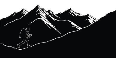 Obraz premium A striking black and white illustration depicts a lone hiker ascending a rugged mountain range showcasing a dramatic silhouette