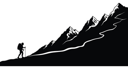 A solitary hiker with a backpack and walking stick stands before a dramatic mountain range depicted in a striking black and white silhouette © Pvect02