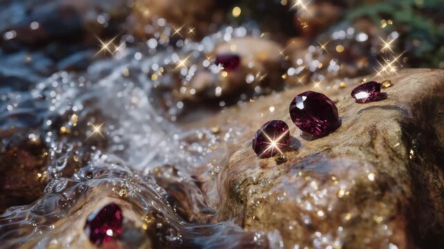 102Detailed macro perspective of sparkling rubies and amethysts embedded in a sandy riverbed, water streaming softly over their surfaces, light bending through the current to create r