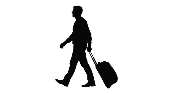 A black silhouette of a man walking forward pulling a rolling suitcase conveying a sense of travel and movement silhouette