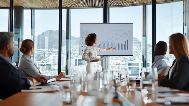 Corporate meeting presenter discussing growth statistics