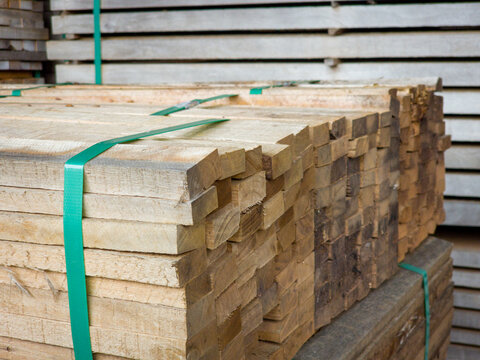 Bundles of wood planks strapped for industrial shipping and construction.