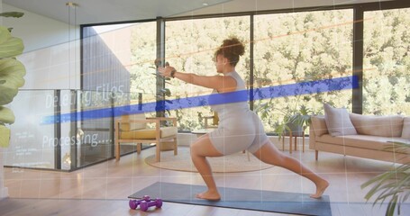 Fototapeta premium Performing lunge woman barefoot in fitted set on dark mat at home with purple-dumbbells and overlay