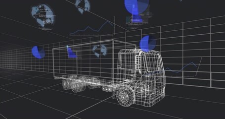 Displaying wireframe semi-truck and attached trailer model on virtual 3D grid, with HUD overlays © vectorfusionart