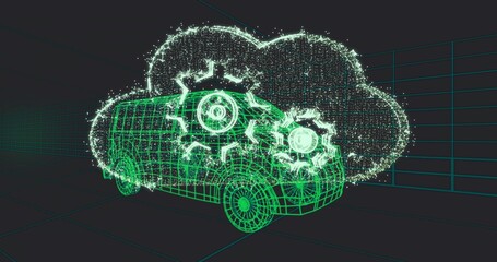 Fototapeta premium Hovering neon-green wireframe van moving in virtual grid, showing particle cloud and glowing gears