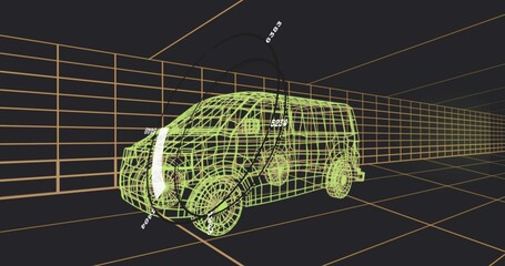 Naklejka premium Showing neon-green wireframe van rotating in 3D studio, with orange grid and measurement arcs
