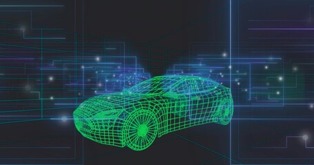 Naklejka premium Displaying green wireframe car model rotating in 3D workspace, with perspective grid, cyan panels
