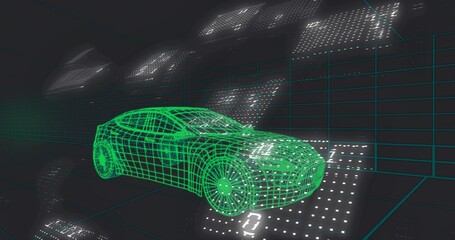 Naklejka premium Showing neon green wireframe sedan rotating in digital studio, with teal grids and white dots