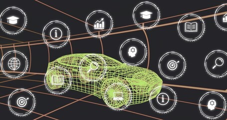 Naklejka premium Displaying neon-green wireframe car floating on orange grid at virtual dashboard, with HUD icons