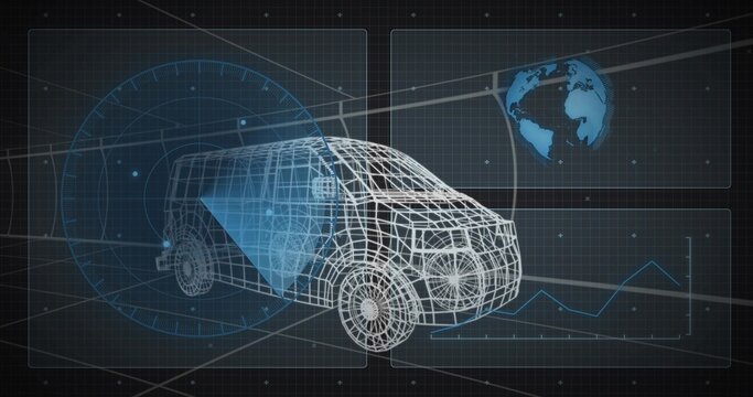 Displaying wireframe passenger van projecting triangular blue sensor cone on dark grid with radar