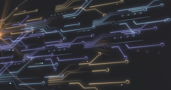 Flowing neon circuit traces creating depth on dark backdrop, with nodes, arrows, motion blur