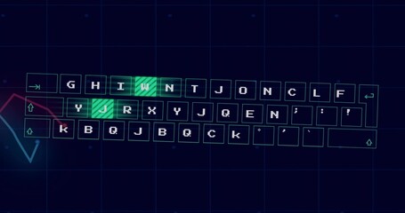 Obraz premium Showing virtual keyboard centering on HUD grid, displaying green keys, arrow keys, red blue graphs