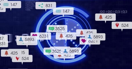 Displaying central blue concentric HUD on dark navy grid dashboard, revealing notification callouts