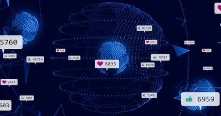 Rotating central dotted globe with rings in virtual network, showing thumbs-up badges and avatars