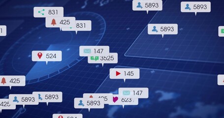 Displaying dense cluster of notification bubbles on dark blue grid, with user and message icons