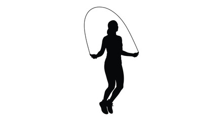 A black silhouette depicts a person jumping rope actively engaged in a fitness exercise against a stark white background showcasing dynamic movement