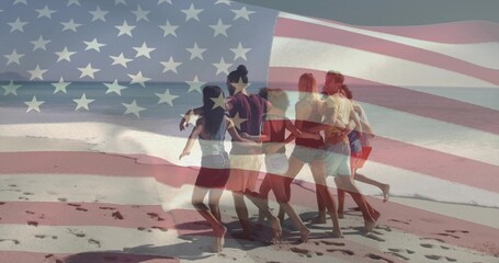 Naklejka premium Walking seven adults in swimwear, barefoot, arm-in-arm along wet beach with US flag and prints